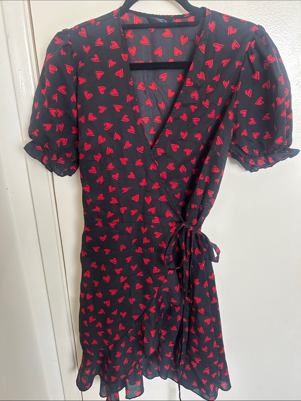 Black Wrap Dress with Red Heart Print - Women's Size S
